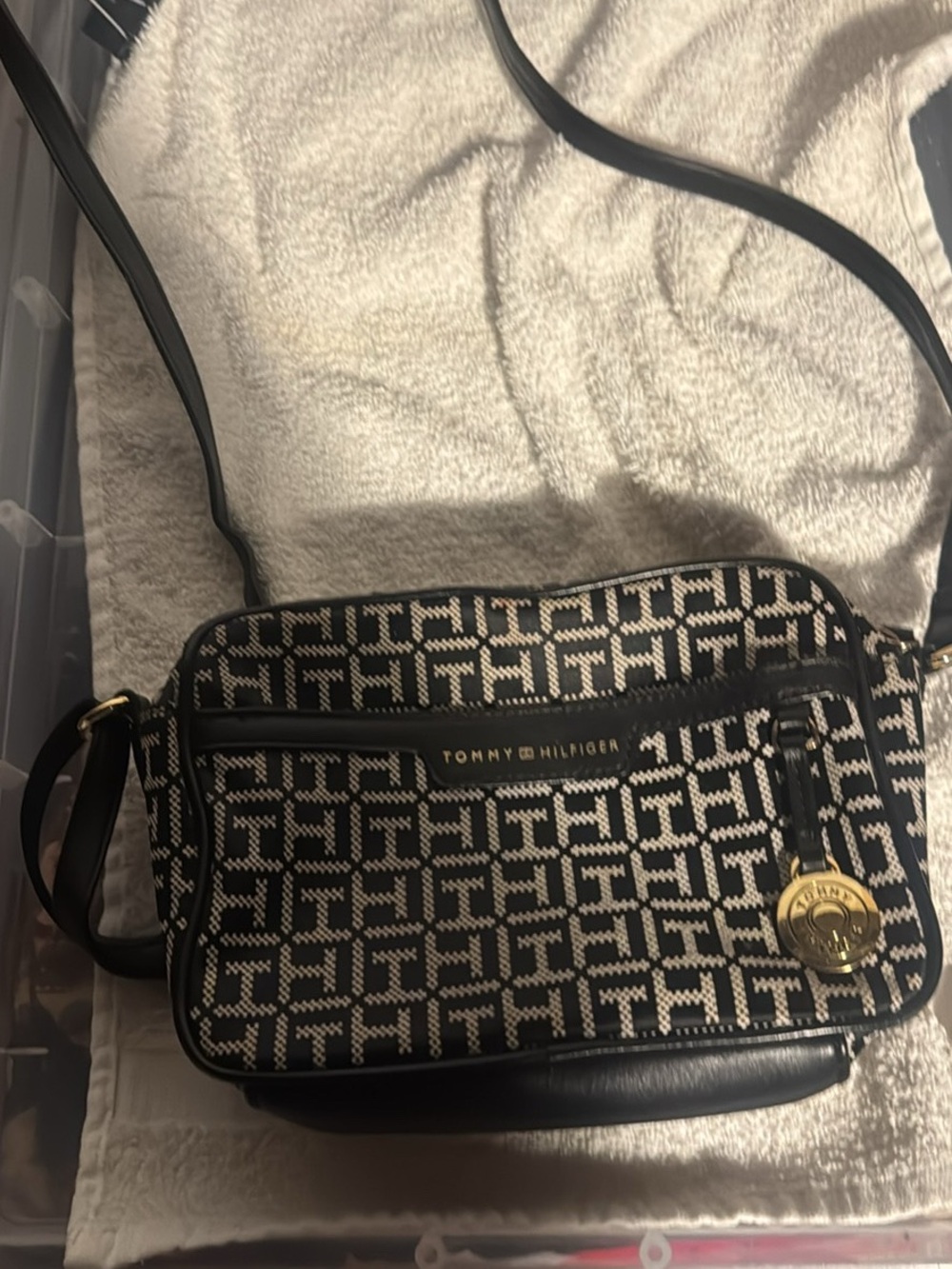 Tommy Hilfiger Black & Cream Monogram Crossbody with Gold Charm